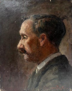 Antique 1920's French Portrait of Man with Moustache Signed & Dated Oil on Canvas