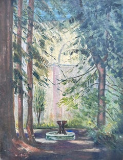 1930's French Impressionist Signed Oil Woodland Glade with Stone Water Fountain
