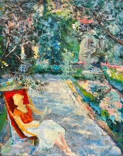 Lady Reading in Dappled Light Garden, huile post-impressionniste française des années 1930