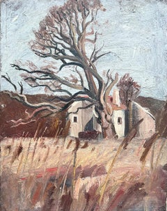 1930s French Post-Impressionist Oil Painting Old Gnarled Tree in Brown Landscape