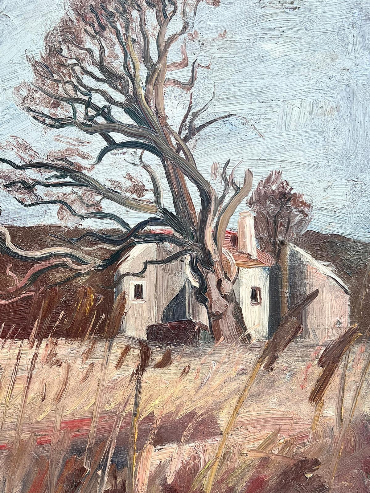 1930 Pintura al óleo francesa postimpresionista Viejo árbol nudoso en paisaje marrón - Landscape Painting Gris de French School