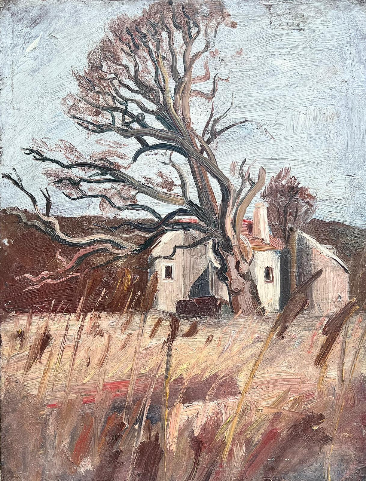 Landscape Painting de French School - 1930 Pintura al óleo francesa postimpresionista Viejo árbol nudoso en paisaje marrón