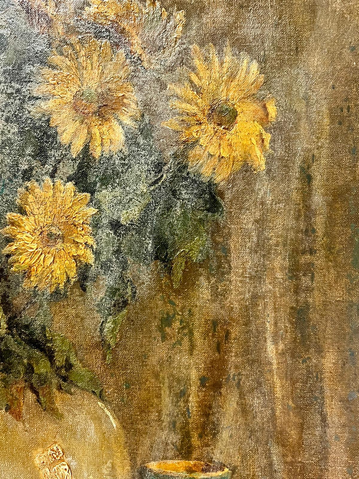 1930's French Post Impressionist Signed Oil Sunflowers in Jar, large canvas 1