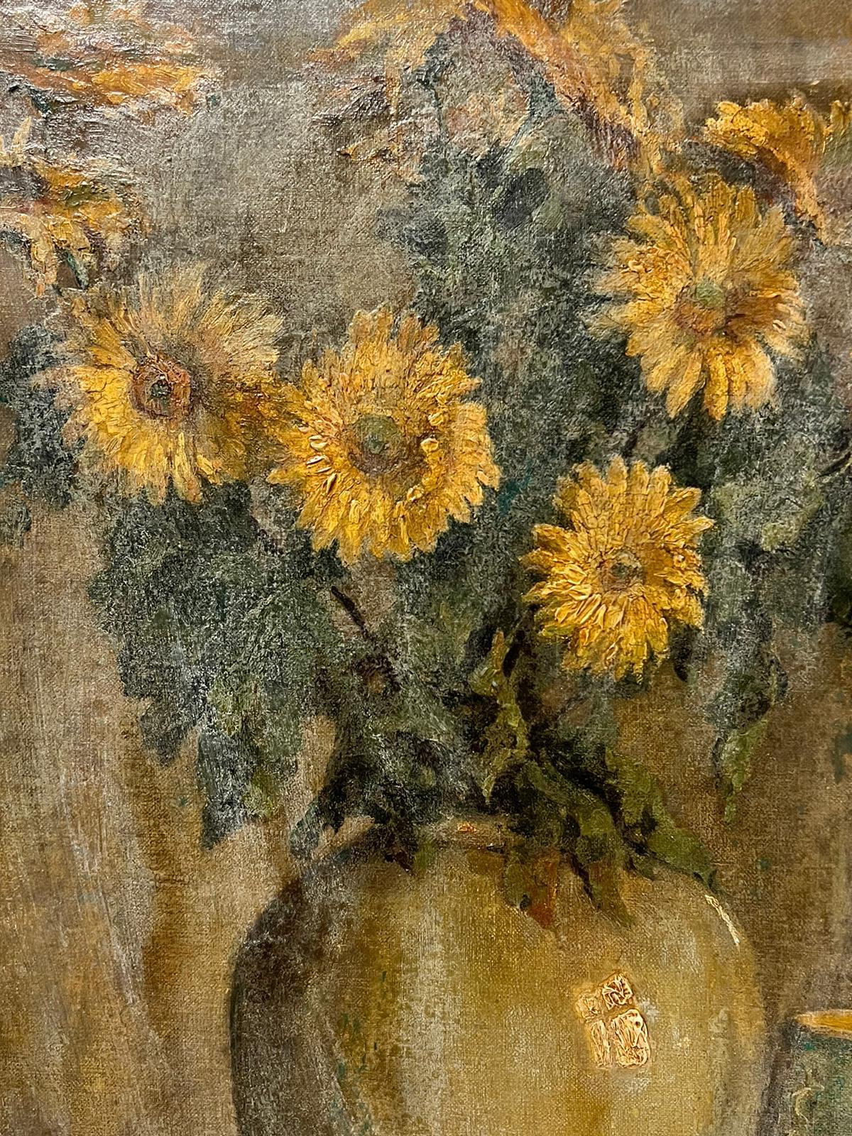 1930's French Post Impressionist Signed Oil Sunflowers in Jar, large canvas 2