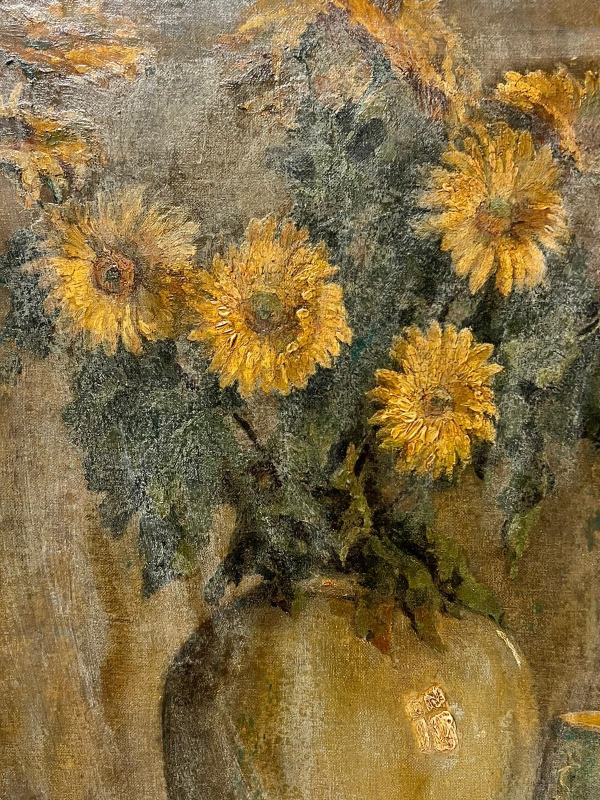 Olio firmato dal post impressionista francese degli anni '30 Girasoli in vaso, tela di grandi dimensioni 1
