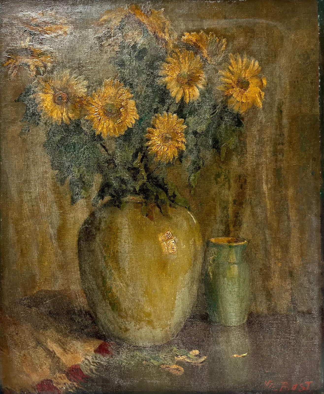 French School Interior Painting - 1930's French Post Impressionist Signed Oil Sunflowers in Jar, large canvas