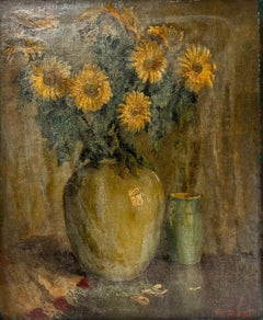 1930's French Post Impressionist Signed Oil Sunflowers in Jar, large canvas