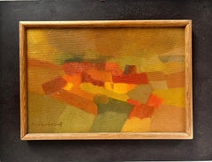 Peinture à l'huile cubiste française des années 1950, rouge, marron, ocre, tons sourds, encadrée