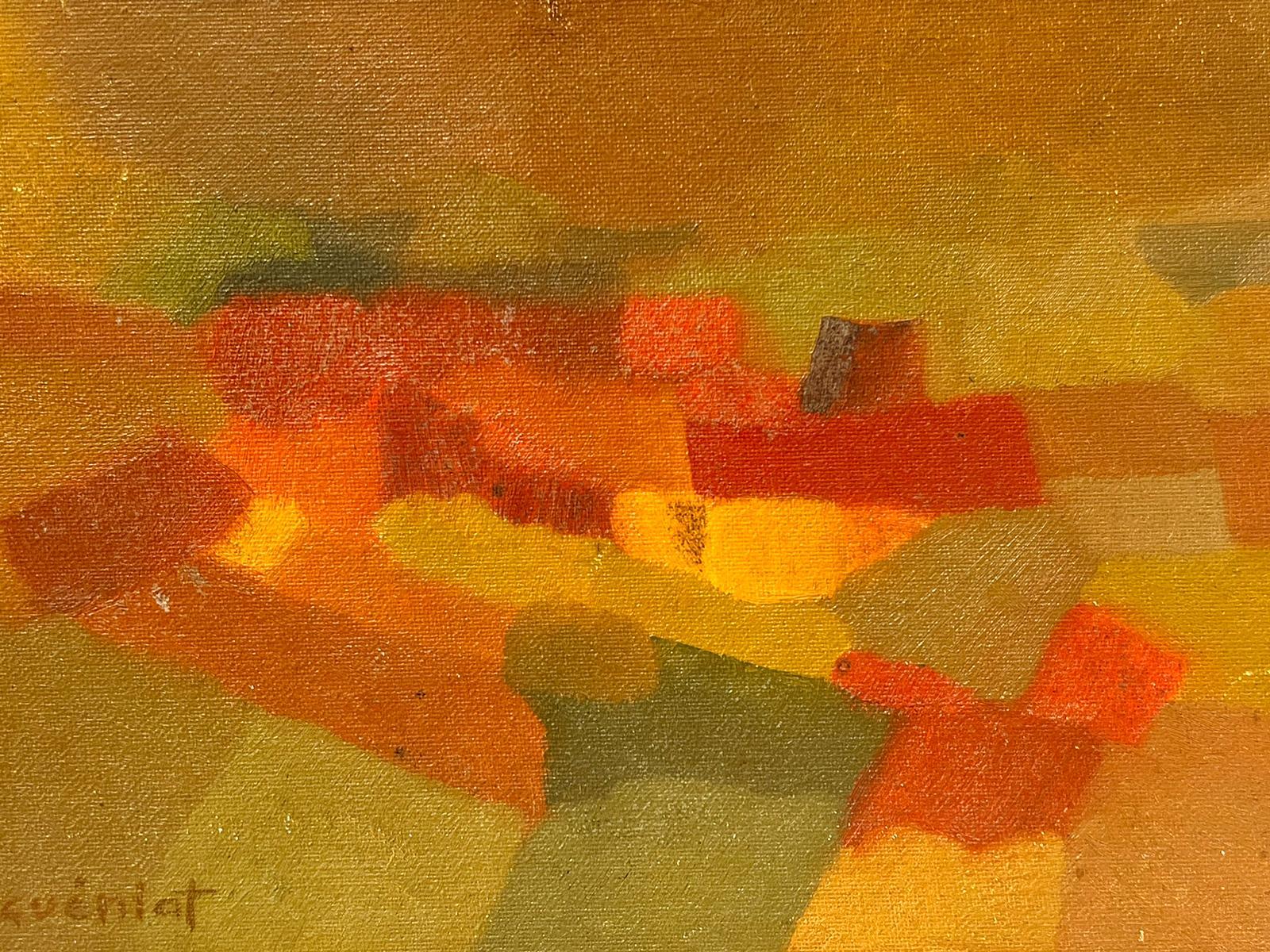 Peinture à l'huile cubiste française des années 1950, rouge, marron, ocre, tons sourds, encadrée