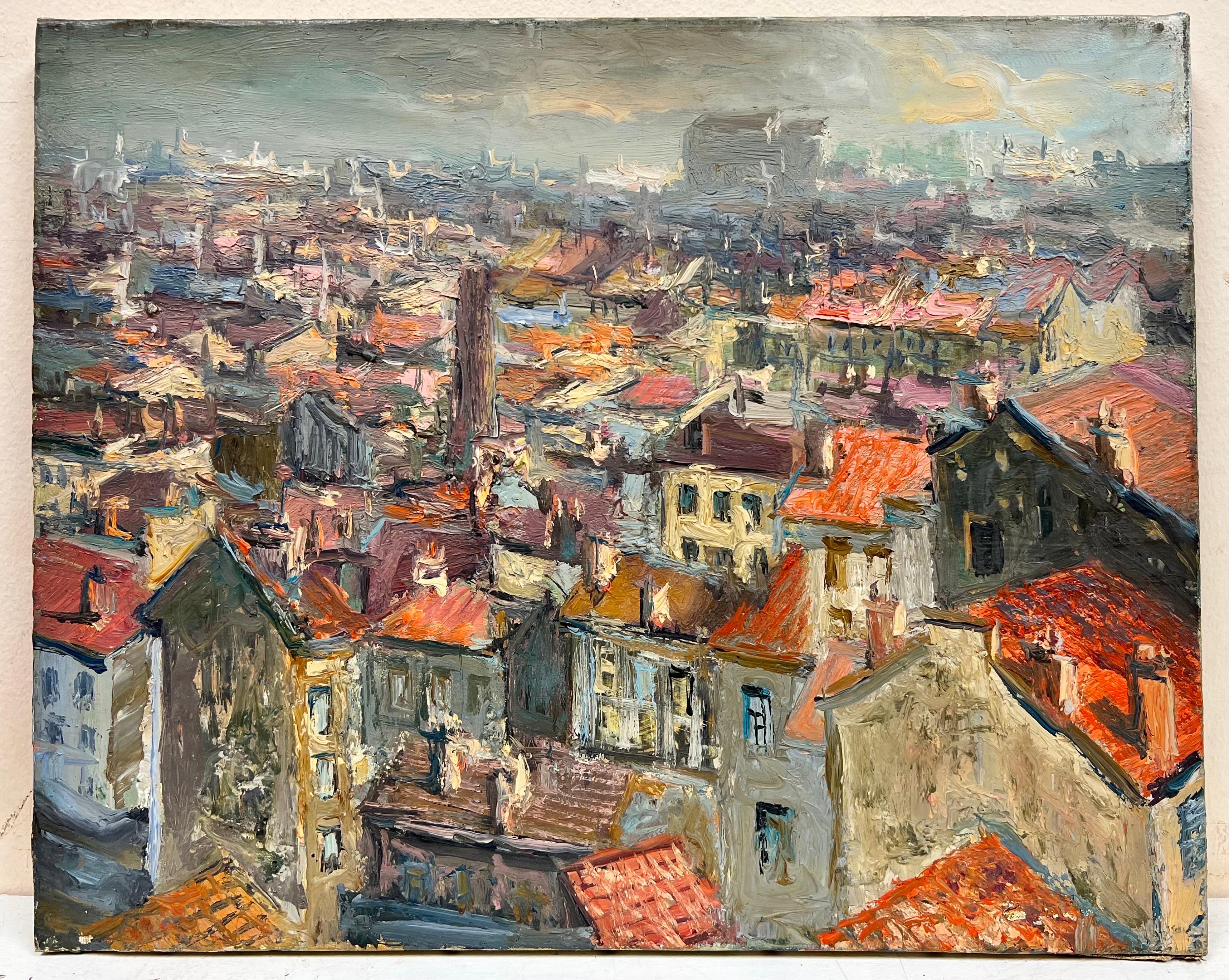 1950's French Impressionist Oil City Rooftops View Panoramic Skyline Beautiful - Painting by French School
