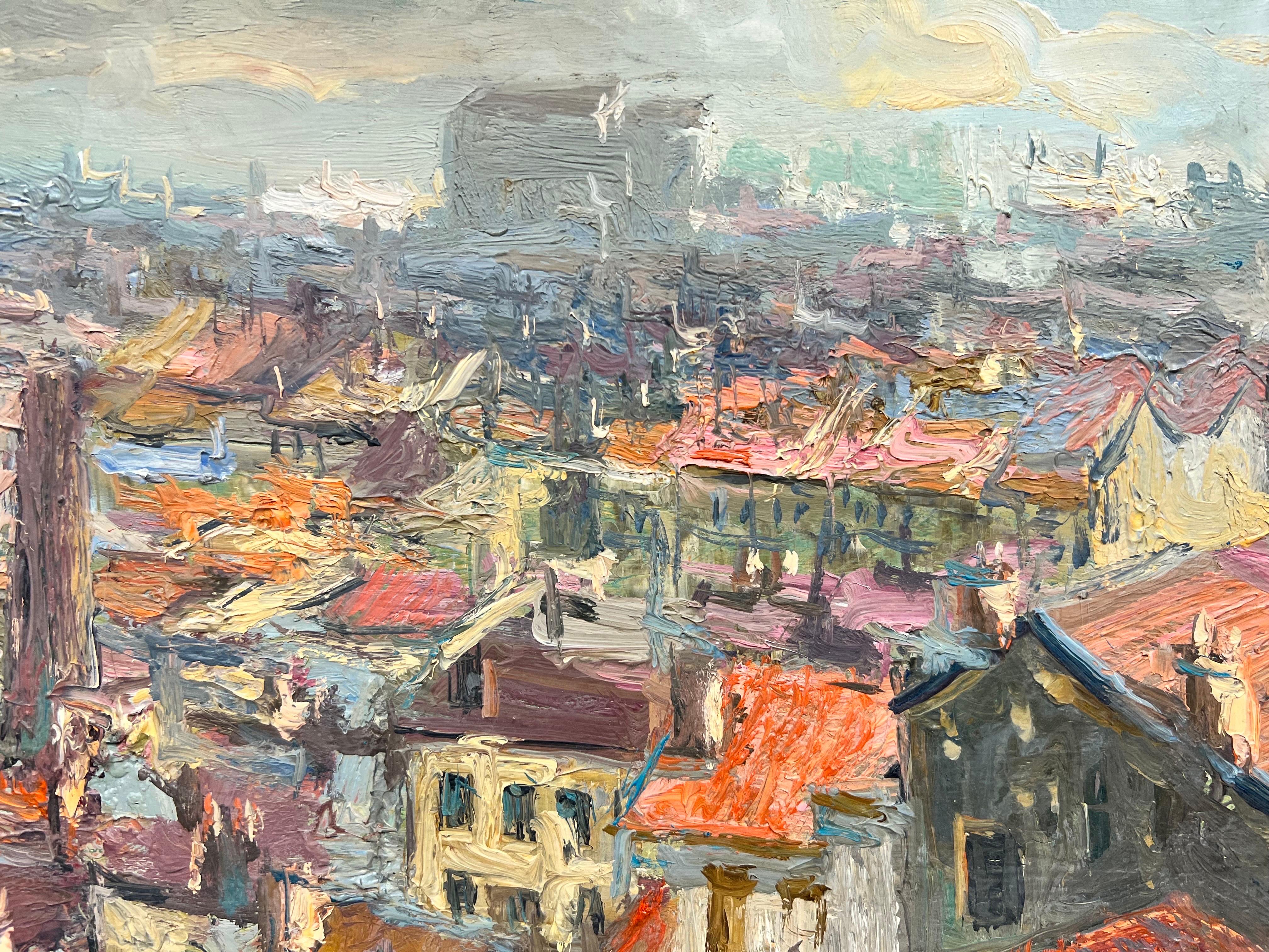 1950's French Impressionist Oil City Rooftops View Panoramic Skyline Beautiful For Sale 1