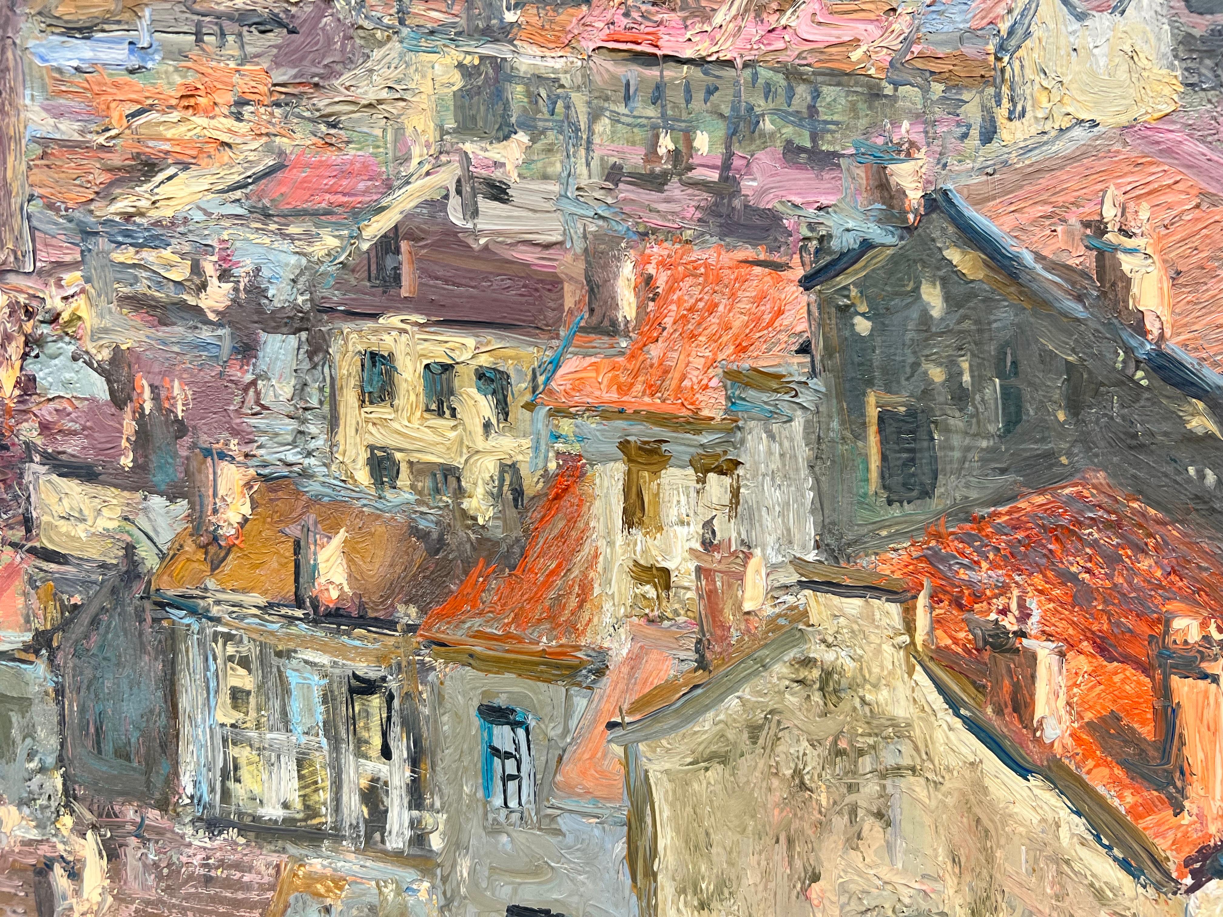 1950's French Impressionist Oil City Rooftops View Panoramic Skyline Beautiful For Sale 1