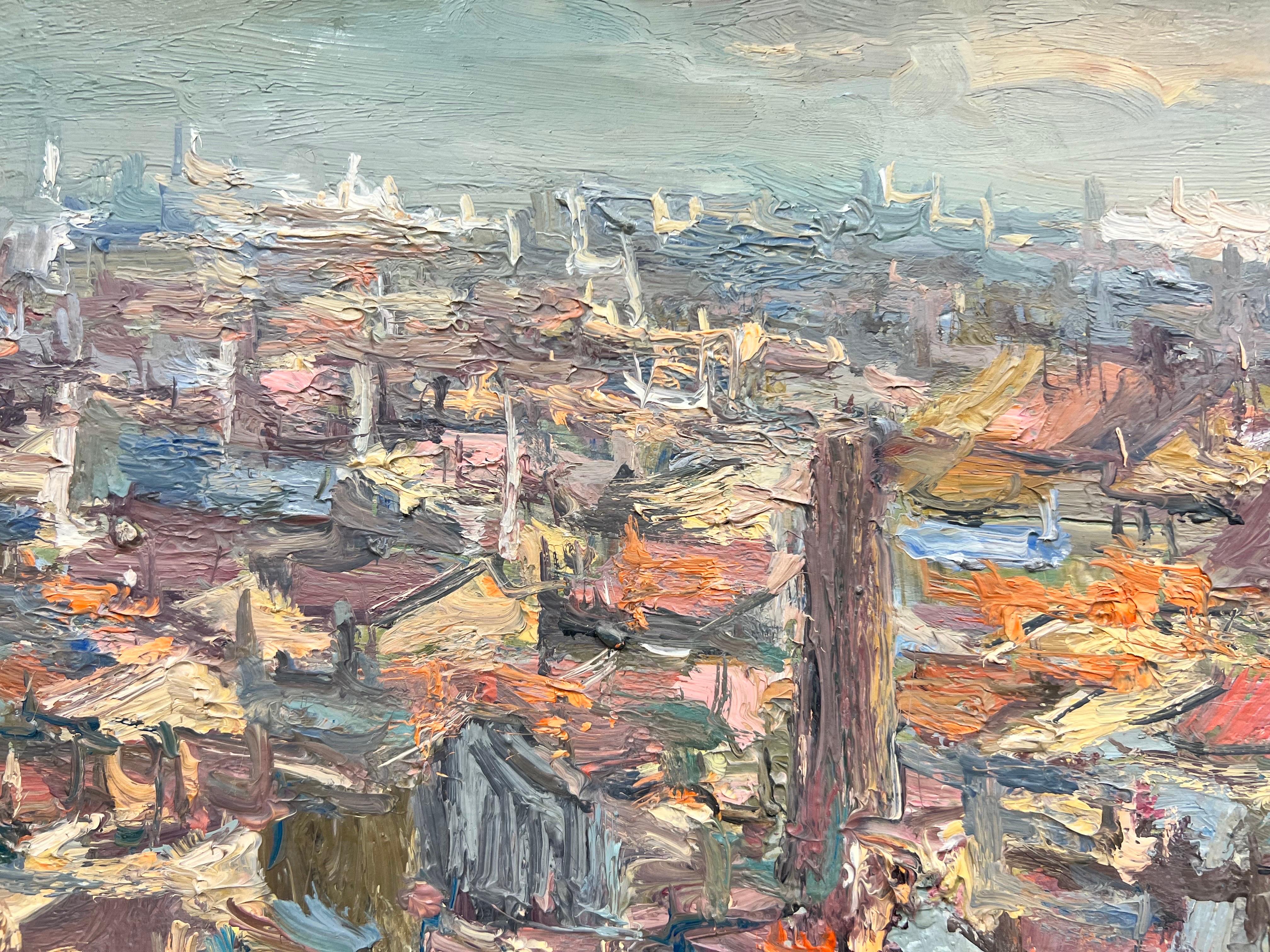 1950's French Impressionist Oil City Rooftops View Panoramic Skyline Beautiful For Sale 4