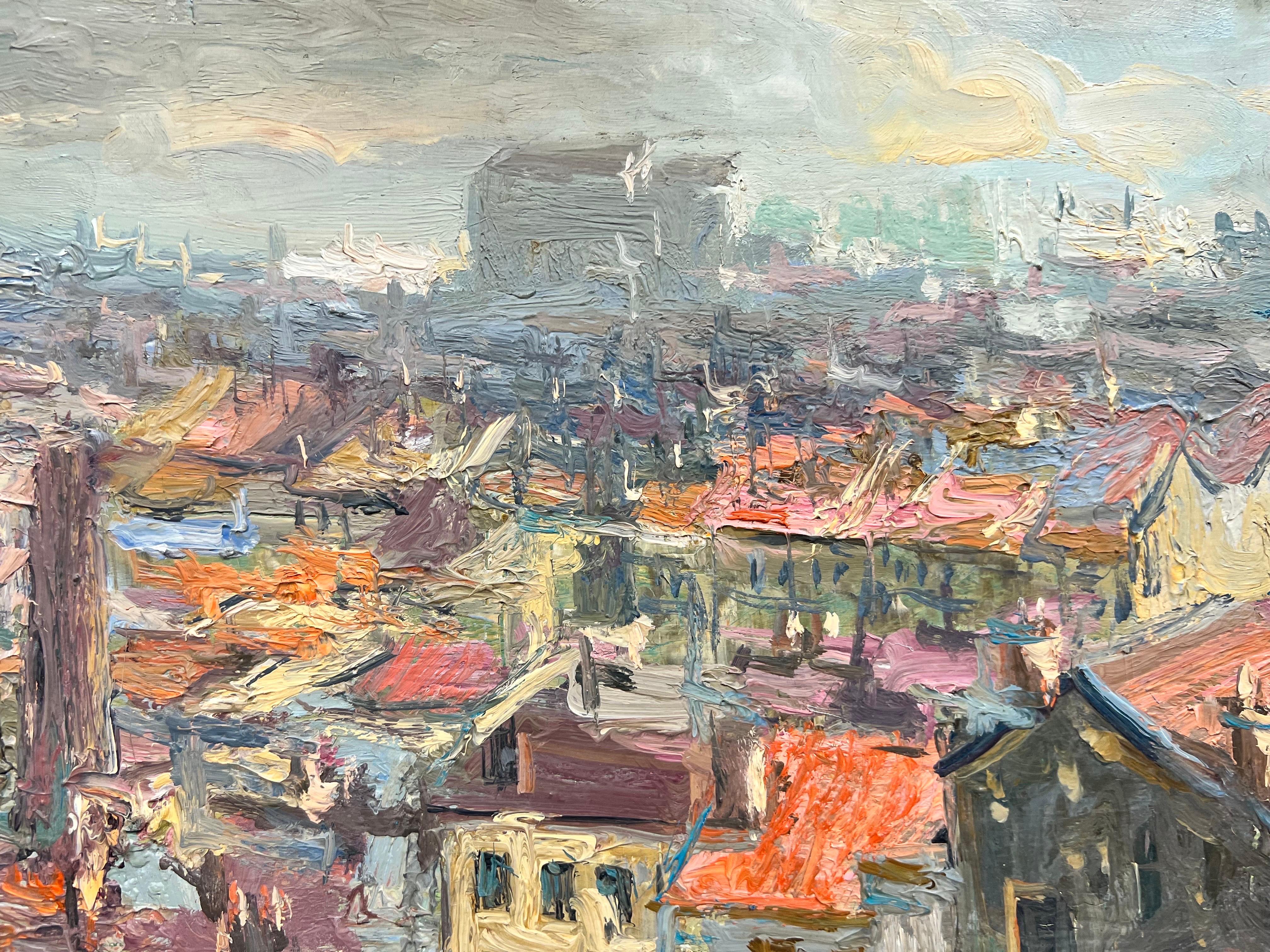 1950's French Impressionist Oil City Rooftops View Panoramic Skyline Beautiful For Sale 5