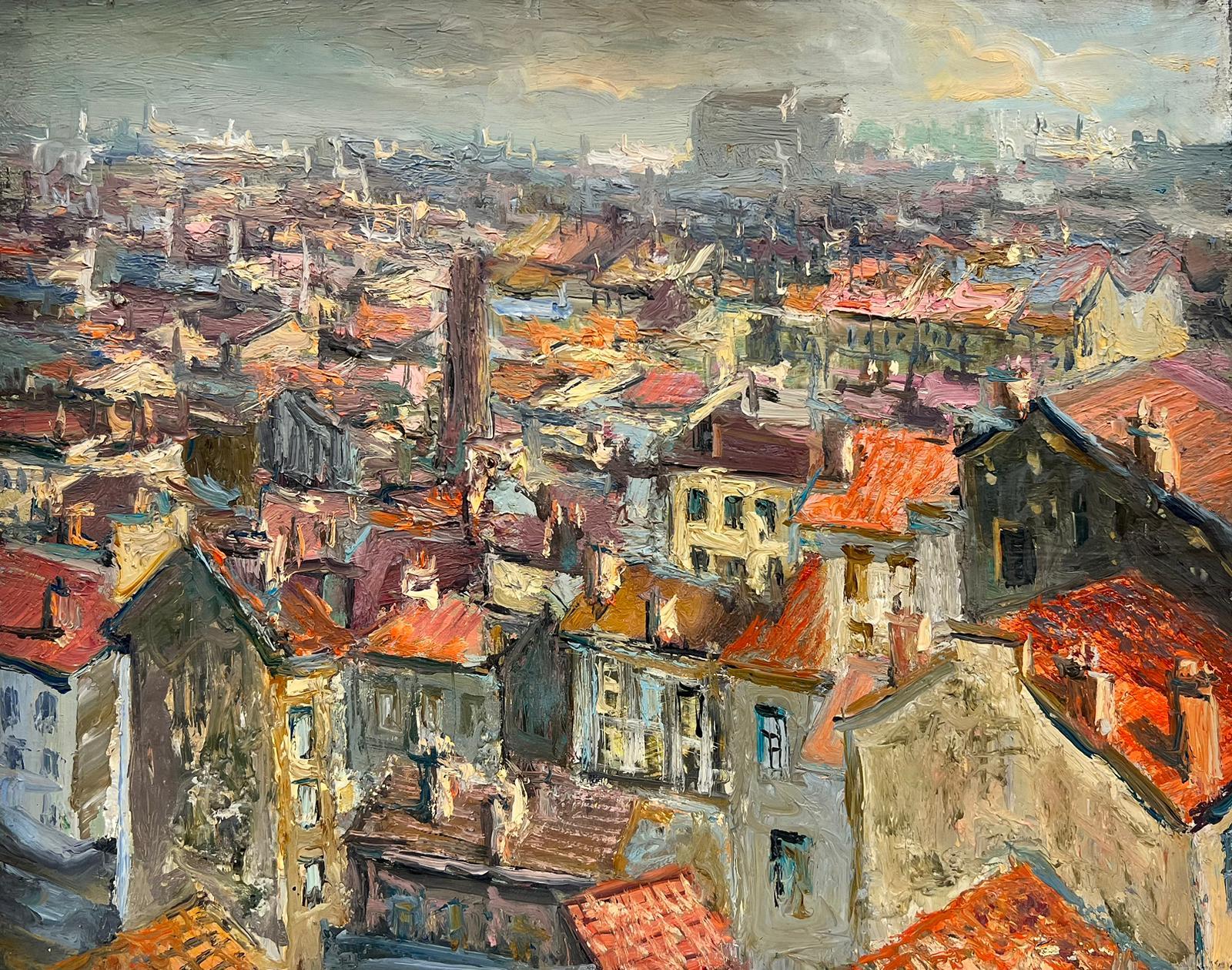 French School Landscape Painting - 1950's French Impressionist Oil City Rooftops View Panoramic Skyline Beautiful