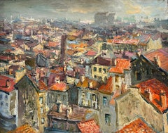 1950's French Impressionist Oil City Rooftops View Panoramic Skyline Beautiful