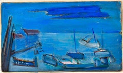 1950's French Modernist Signed Oil on Canvas Boats in a Blue Harbor Coastal View