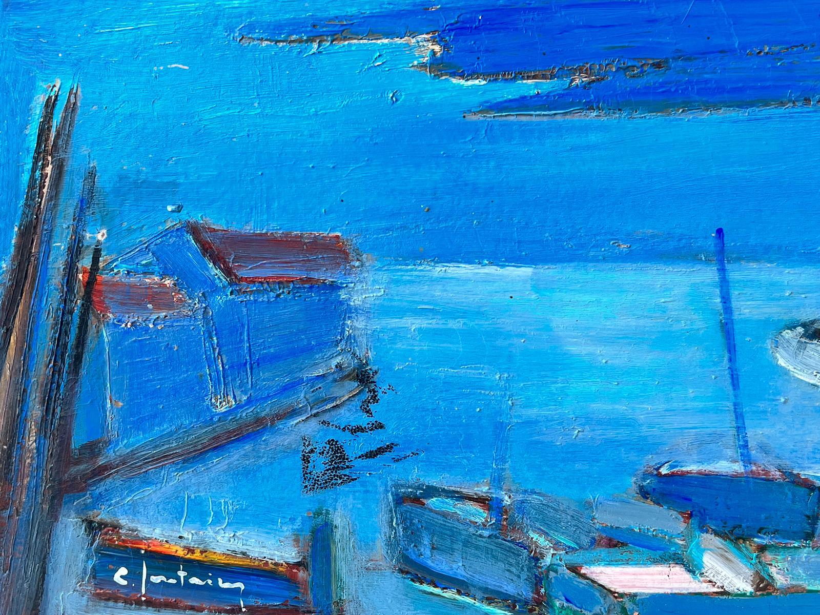 1950's French Modernist Signed Oil on Canvas Boats in a Blue Harbor Coastal View For Sale 1