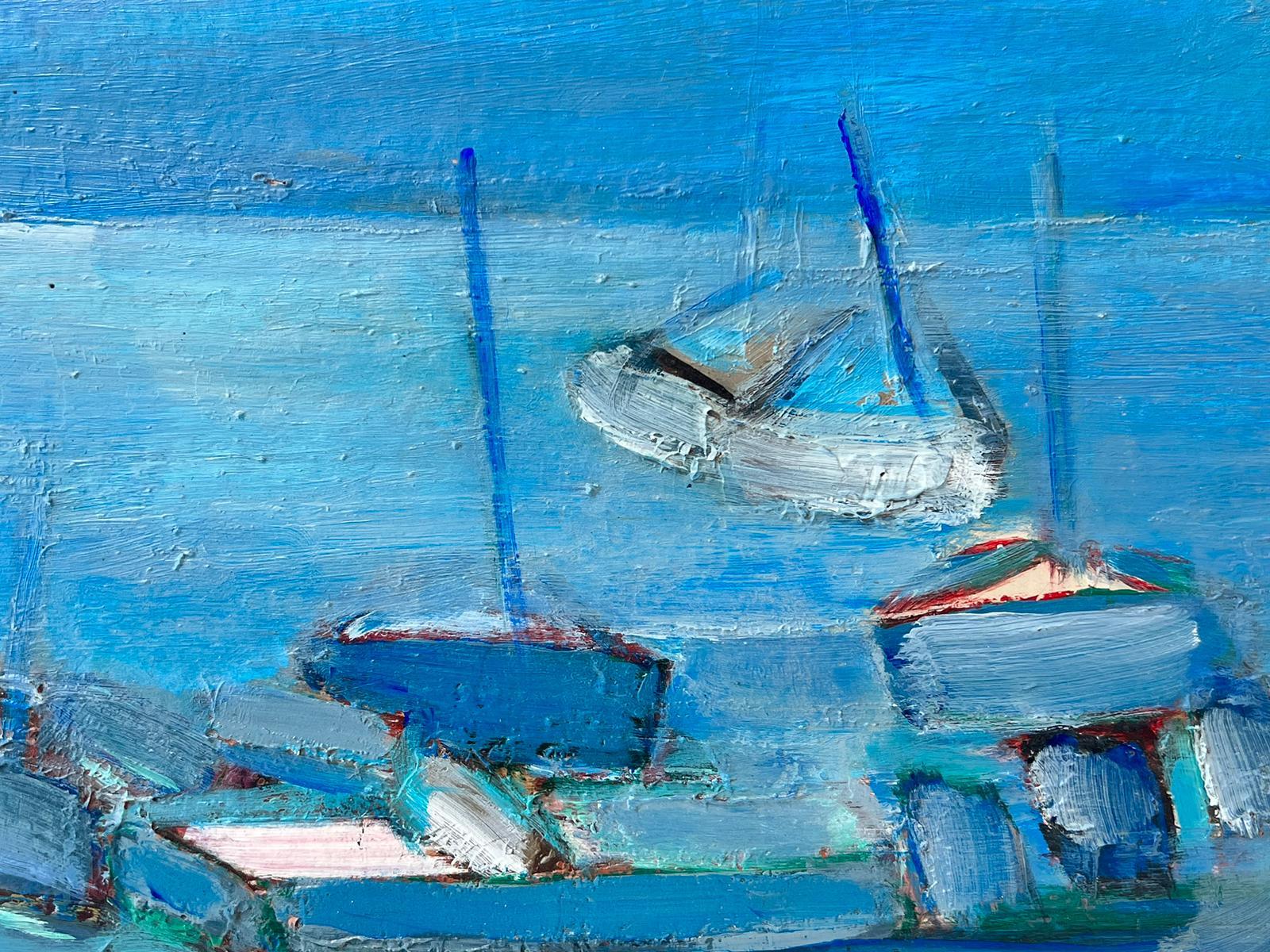 1950's French Modernist Signed Oil on Canvas Boats in a Blue Harbor Coastal View For Sale 2