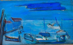 1950's French Modernist Signed Oil on Canvas Boats in a Blue Harbor Coastal View