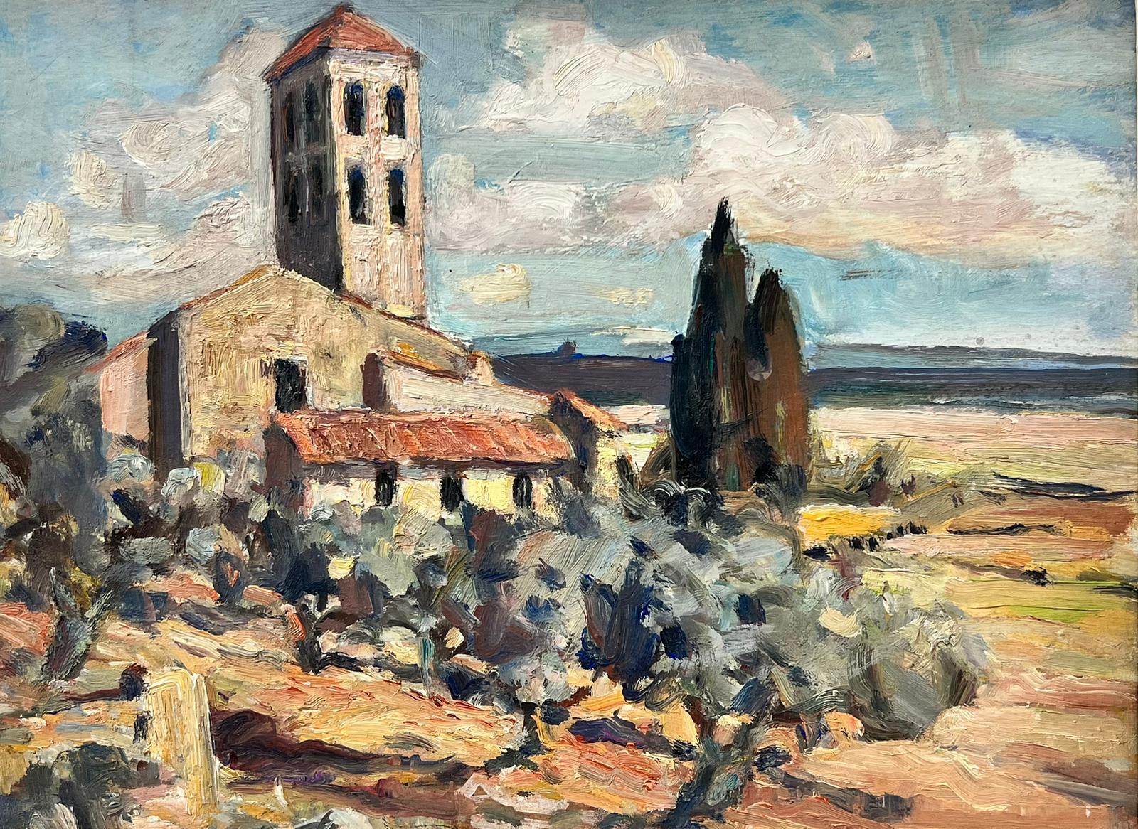 Pittura a olio francese post impressionista degli anni '50 Antica chiesa in Provenza Paesaggio - Painting di French School