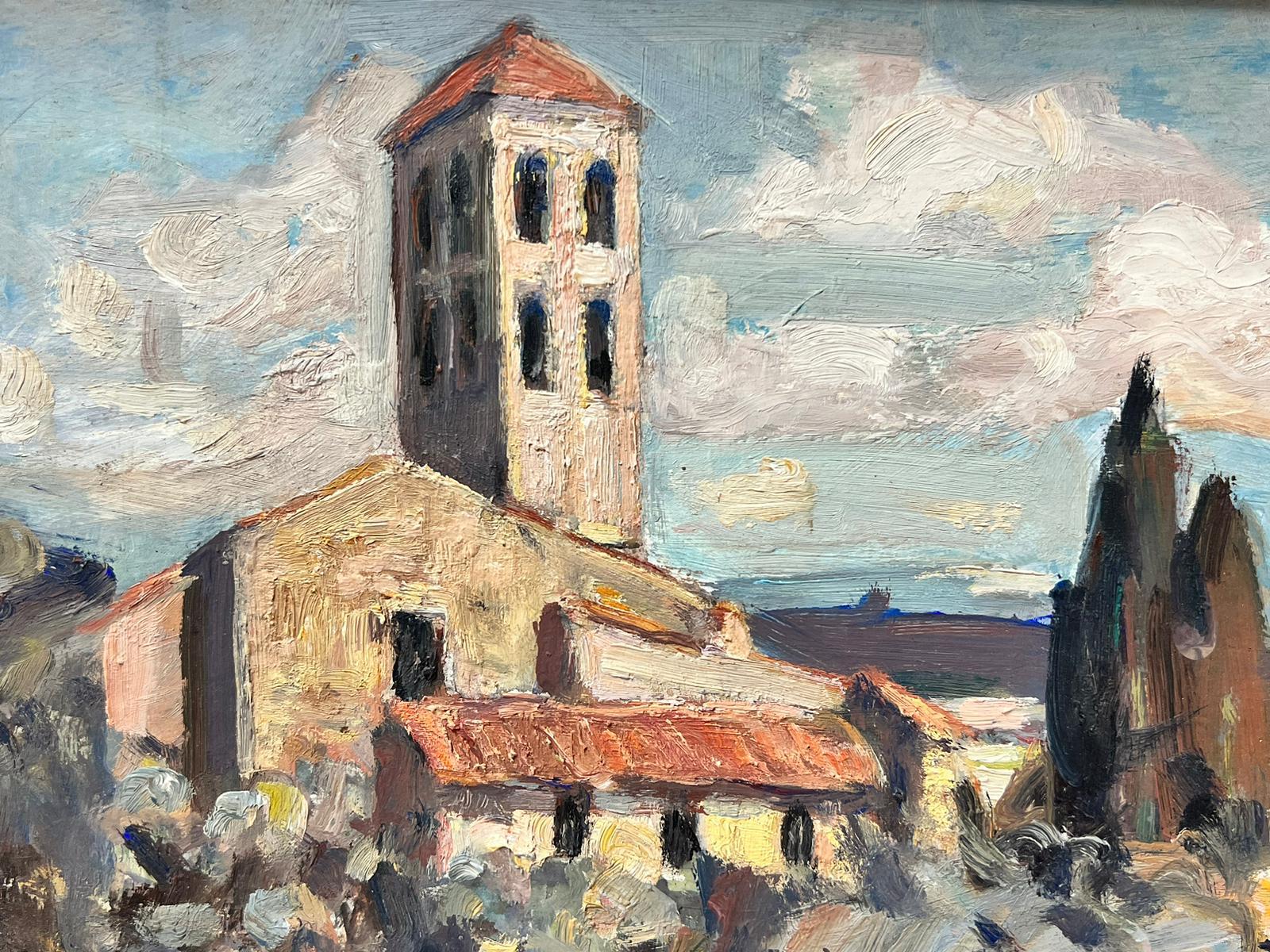 1950's French Post Impressionist Oil Painting Old Church in Provence Landscape For Sale 3