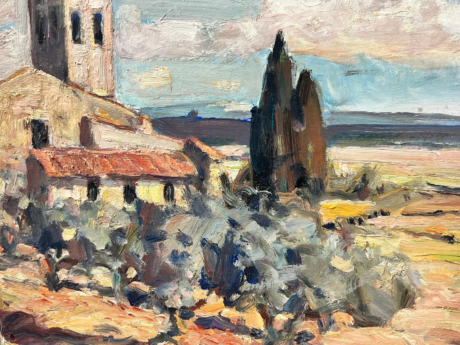 1950's French Post Impressionist Oil Painting Old Church in Provence Landscape For Sale 4