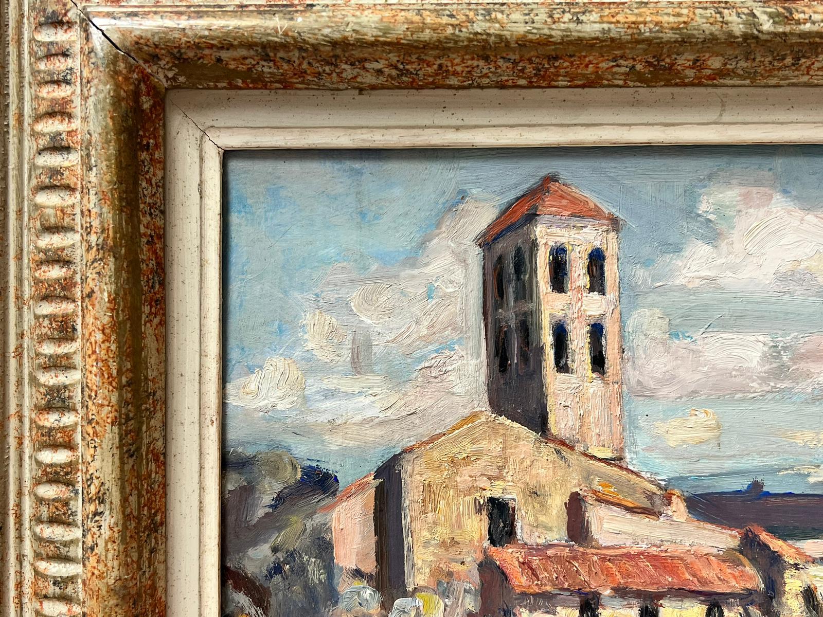 1950's French Post Impressionist Oil Painting Old Church in Provence Landscape For Sale 6