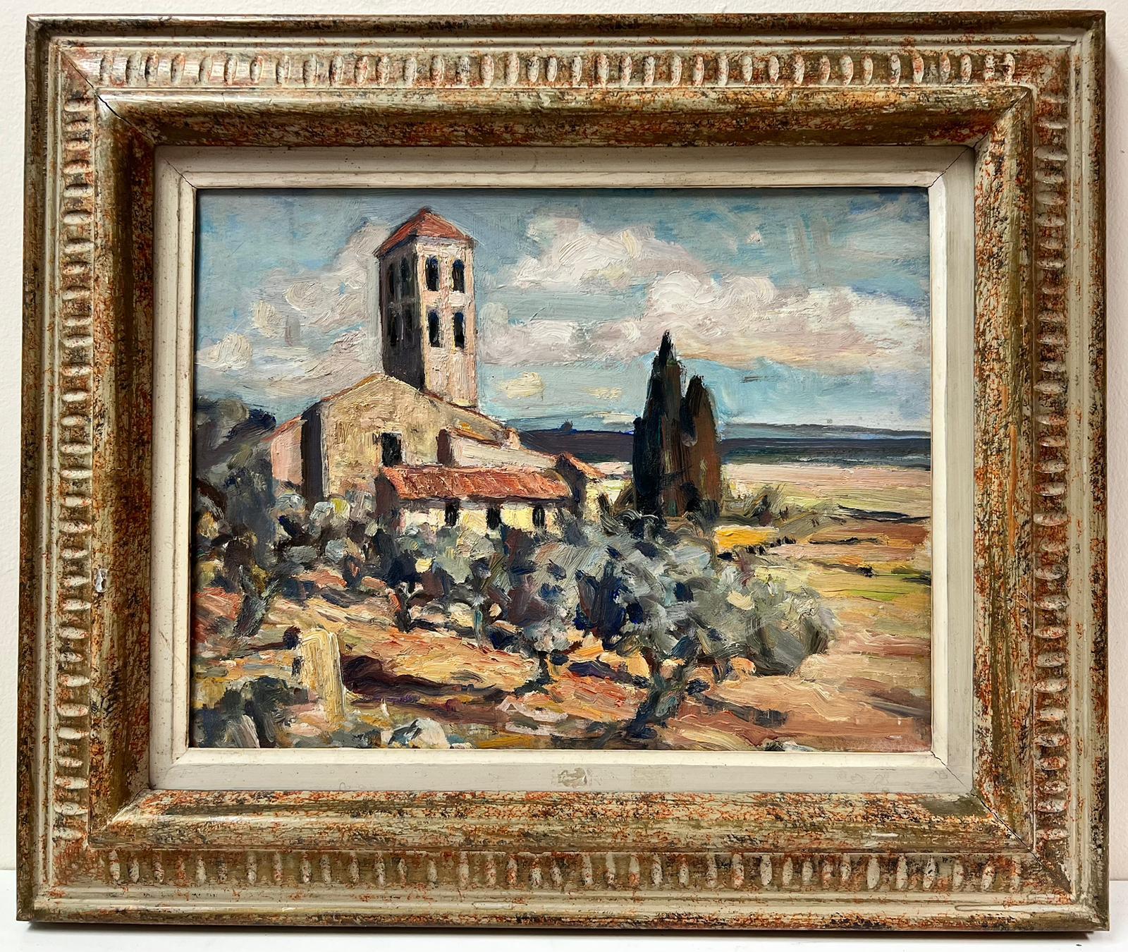 French School Landscape Painting - 1950's French Post Impressionist Oil Painting Old Church in Provence Landscape