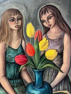 1950s French Signed Modernist Oil Painting Young Ladies with Tulips