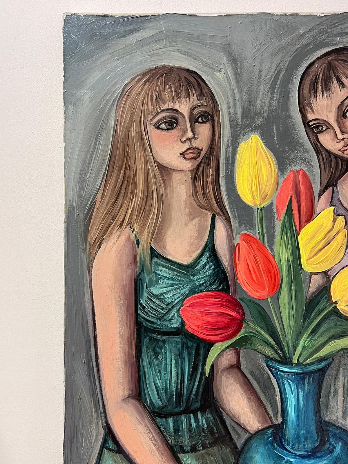 1950s French Signed Modernist Oil Painting Young Ladies with Tulips For Sale 1