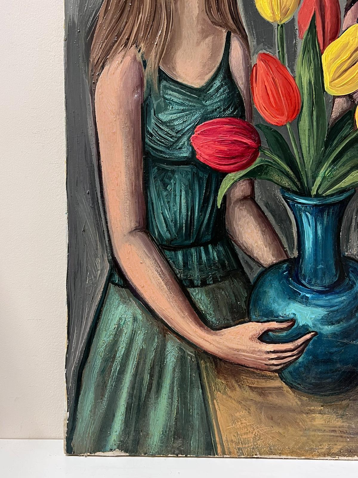 1950s French Signed Modernist Oil Painting Young Ladies with Tulips (peinture à l'huile moderniste signée par des jeunes femmes avec des tulipes) en vente 2