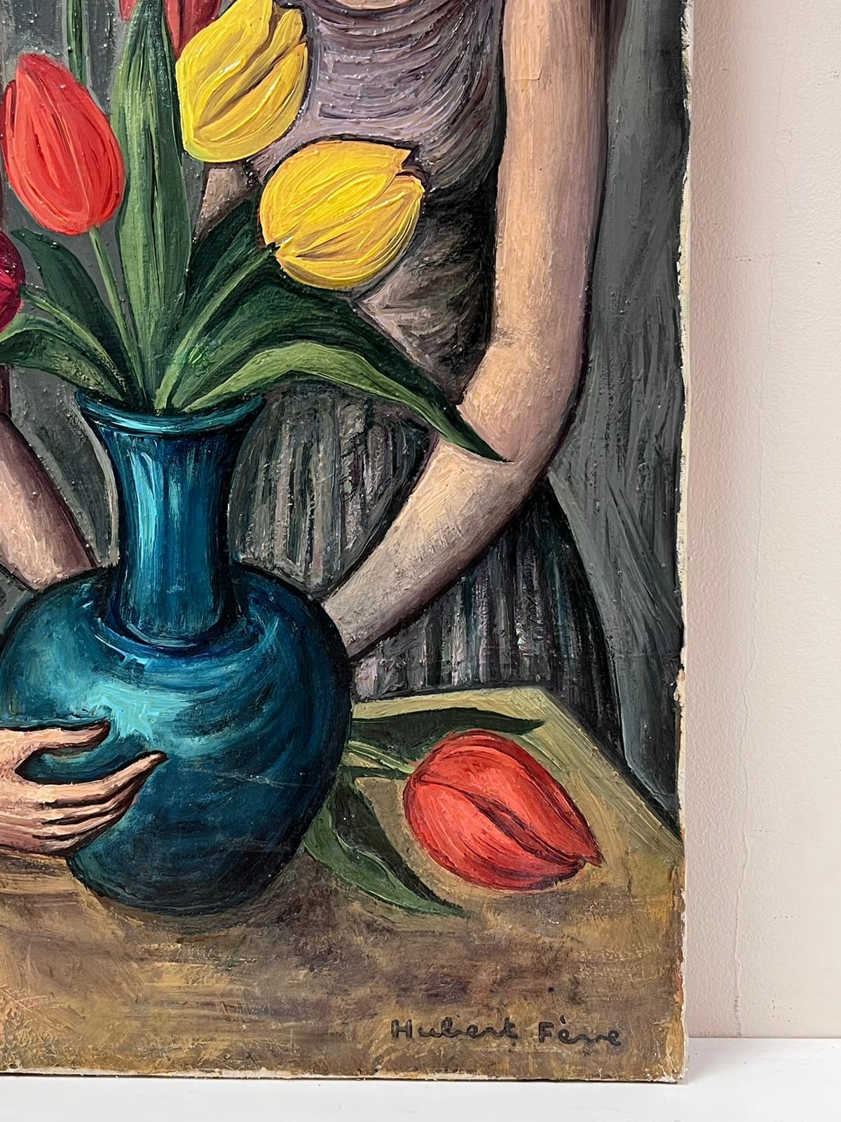 1950s French Signed Modernist Oil Painting Young Ladies with Tulips (peinture à l'huile moderniste signée par des jeunes femmes avec des tulipes) en vente 3