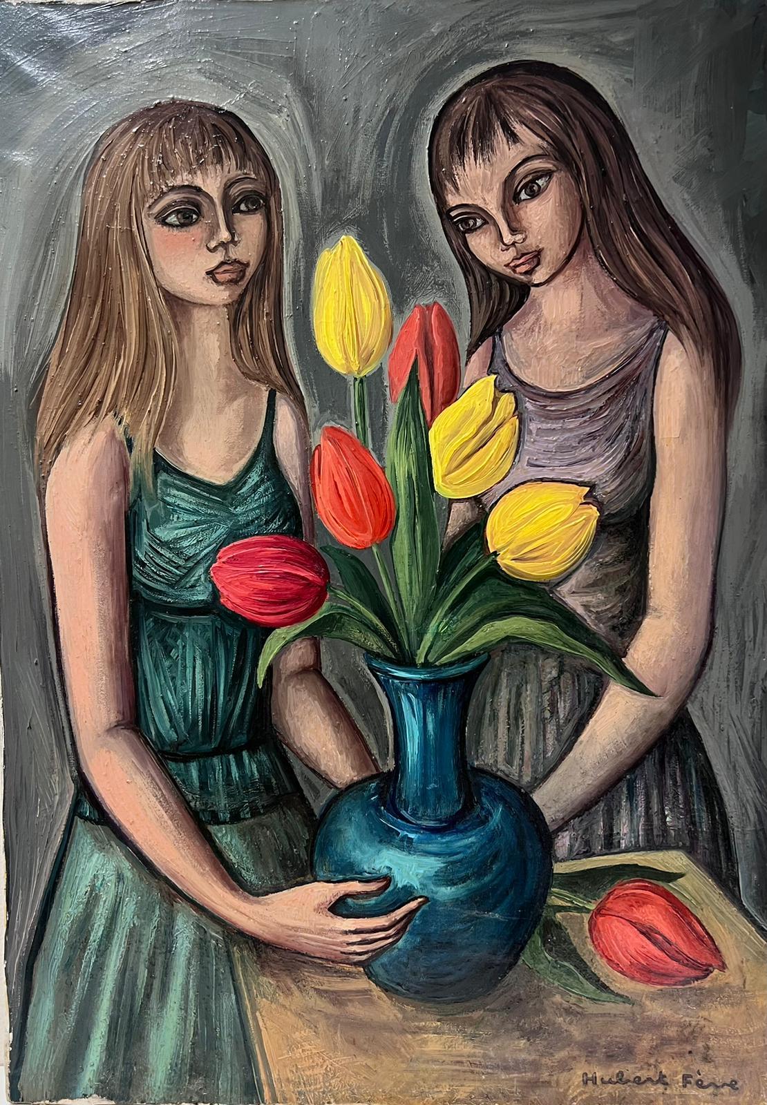 Still-Life Painting French School - 1950s French Signed Modernist Oil Painting Young Ladies with Tulips (peinture à l'huile moderniste signée par des jeunes femmes avec des tulipes)