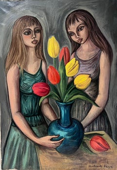 Vintage 1950s French Signed Modernist Oil Painting Young Ladies with Tulips