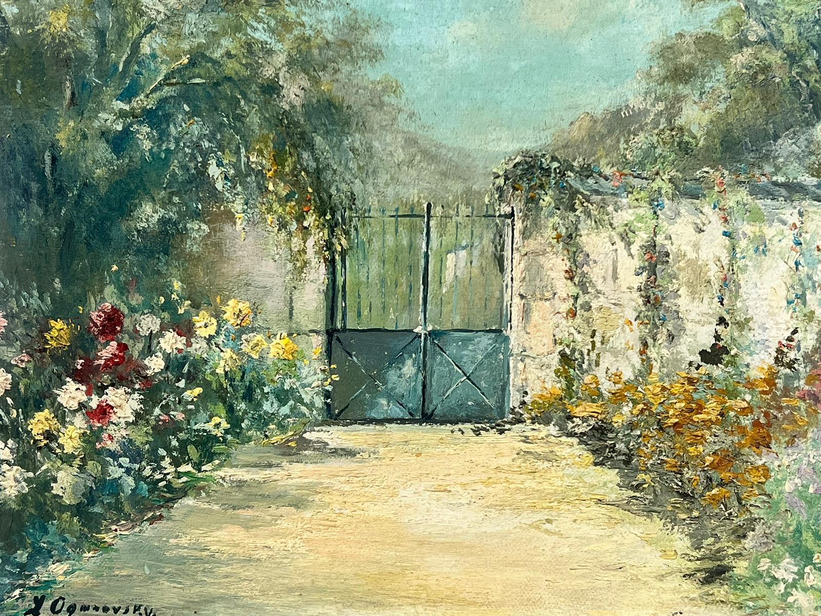 1950's French Signed Post Impressionist Oil Country House Gates & Garden - Painting by French School