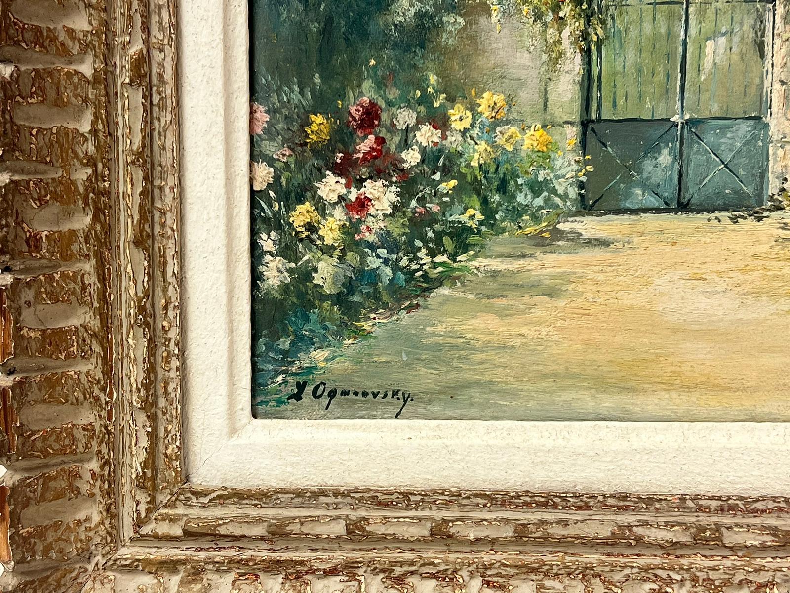 1950's French Signed Post Impressionist Oil Country House Gates & Garden For Sale 1