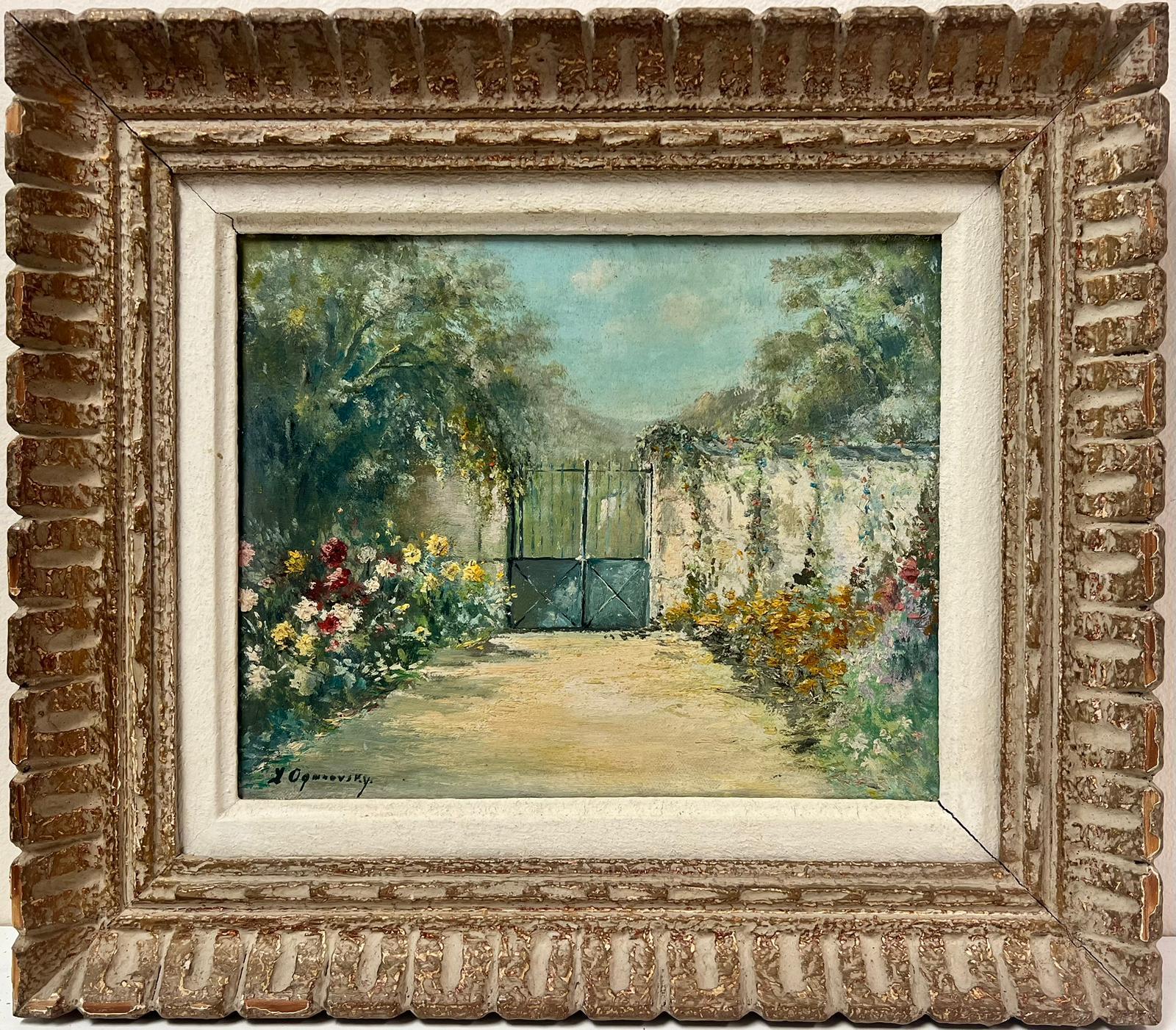 French School Still-Life Painting - 1950's French Signed Post Impressionist Oil Country House Gates & Garden