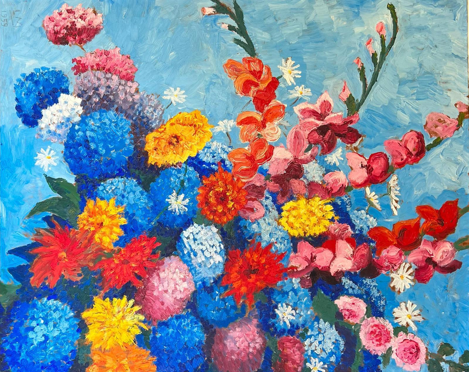 1950's Very Large French Post Impressionist Signed Oil Bright & Colorful Flowers - Painting by French School