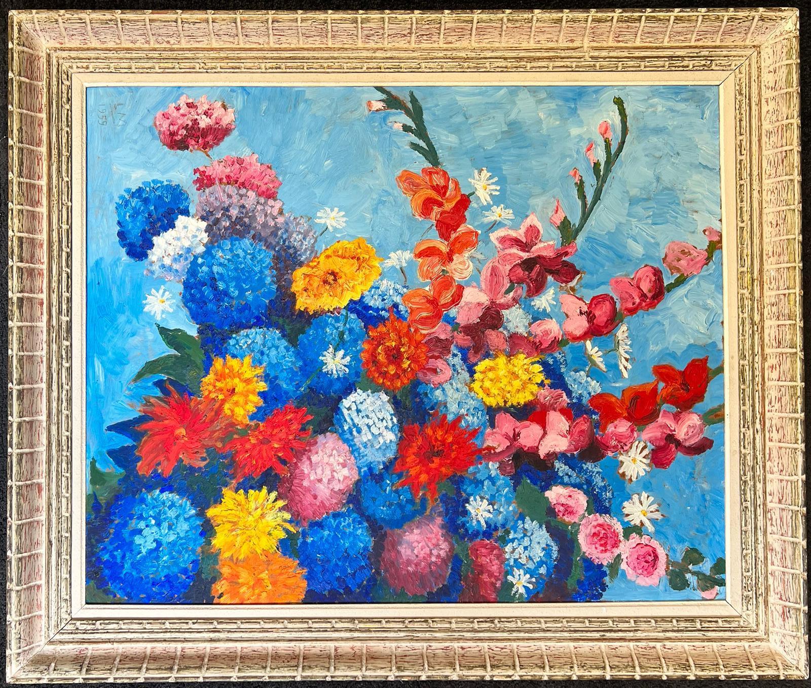 French School Still-Life Painting - 1950's Very Large French Post Impressionist Signed Oil Bright & Colorful Flowers