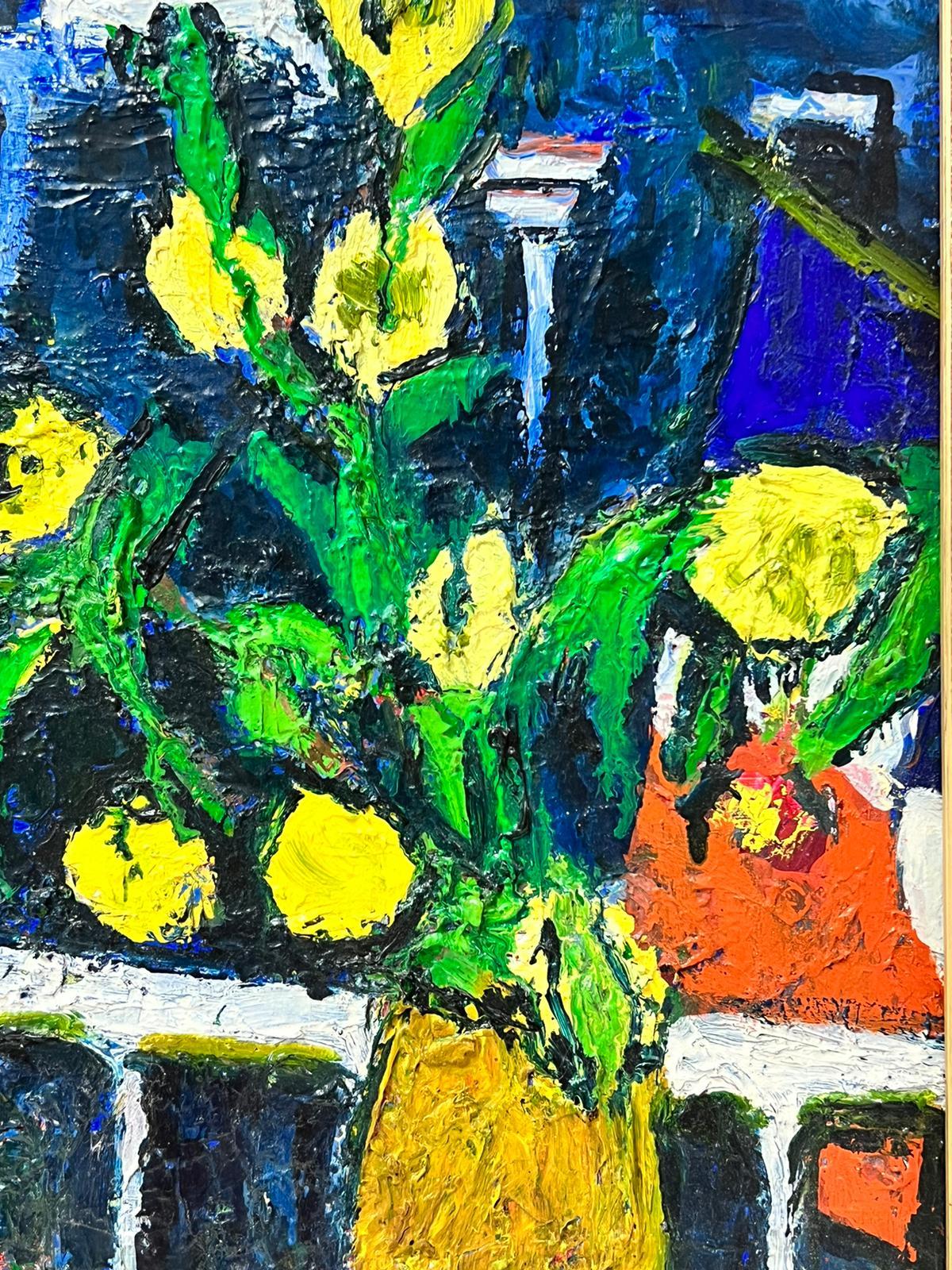 1960's French Colorist Oil Painting Yellow Flowers in Vase Blue Background For Sale 1