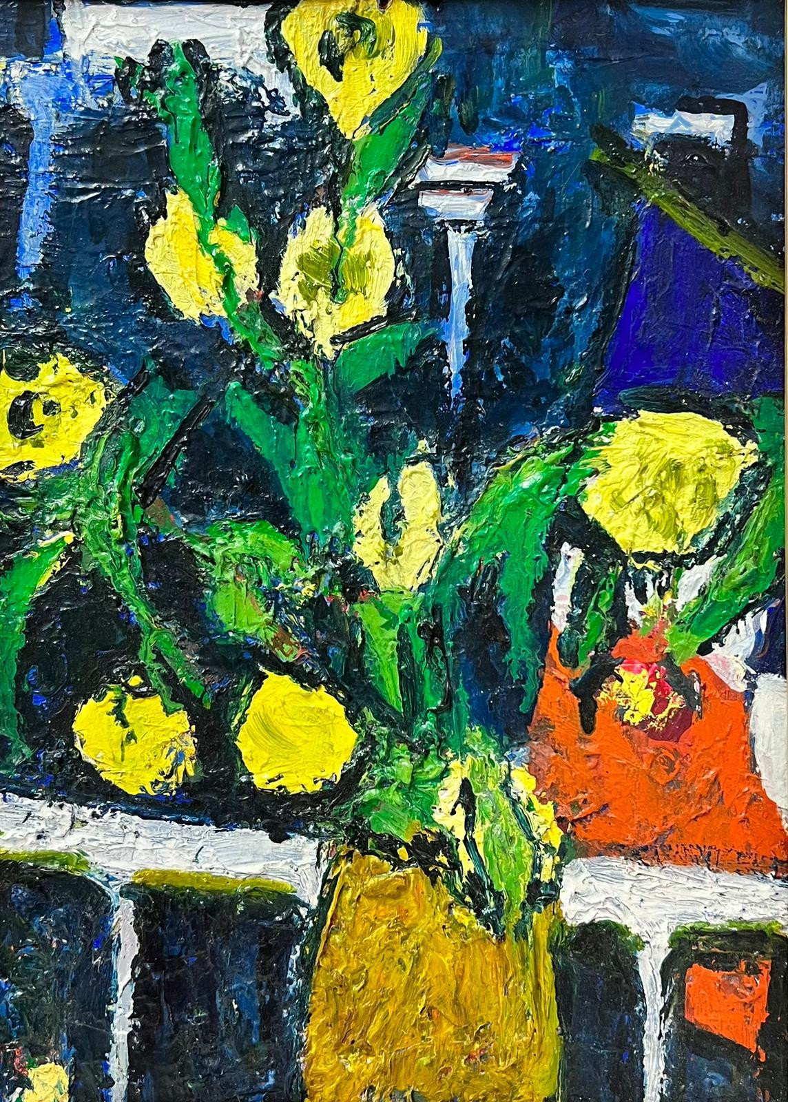 French School Abstract Painting - 1960's French Colorist Oil Painting Yellow Flowers in Vase Blue Background