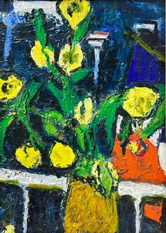 Vintage 1960's French Colorist Oil Painting Yellow Flowers in Vase Blue Background