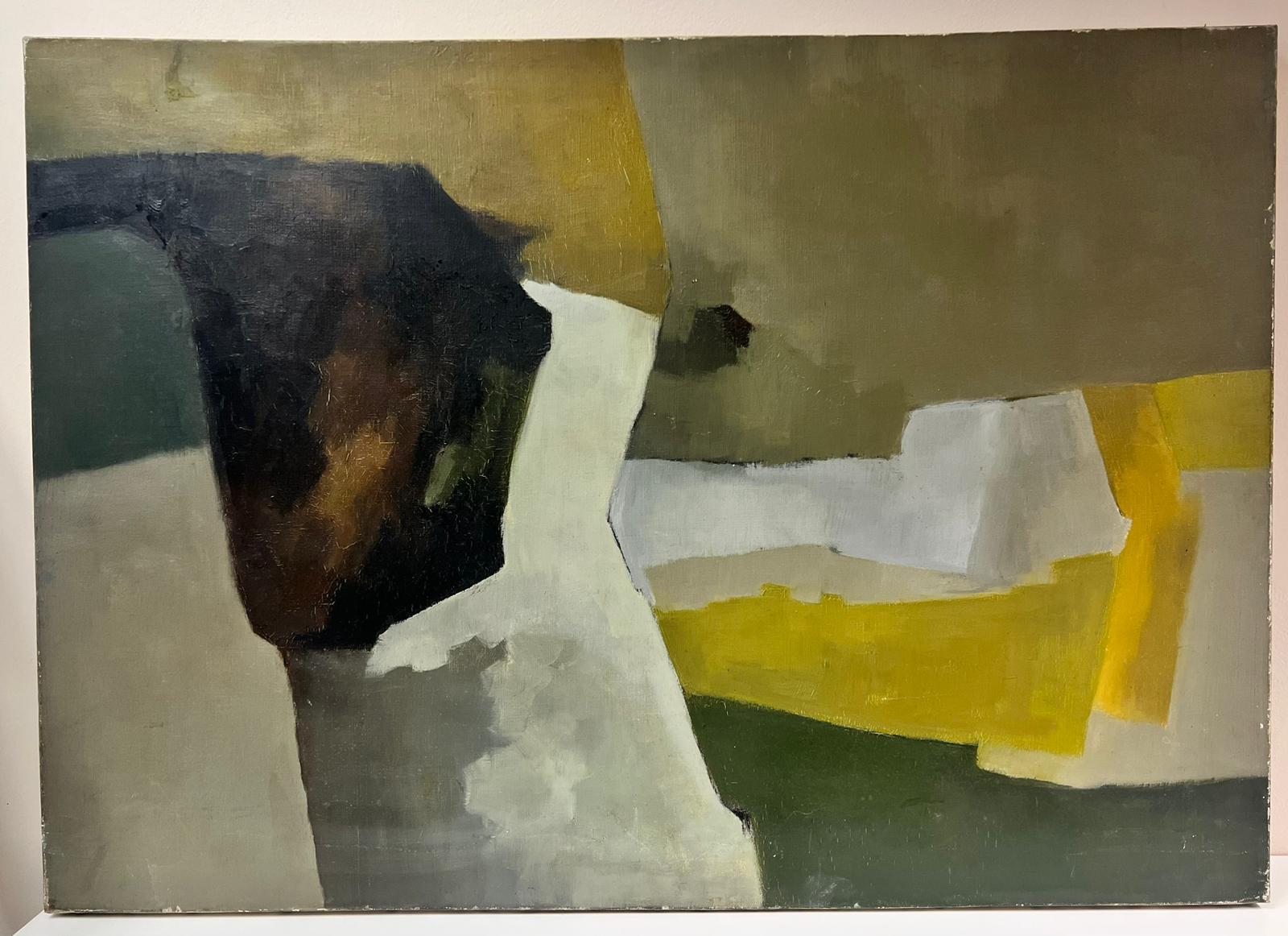 Pittura ad olio astratta francese del 1960, di grandi dimensioni, con toni ocra smorzati e oro giallo - Painting di French School