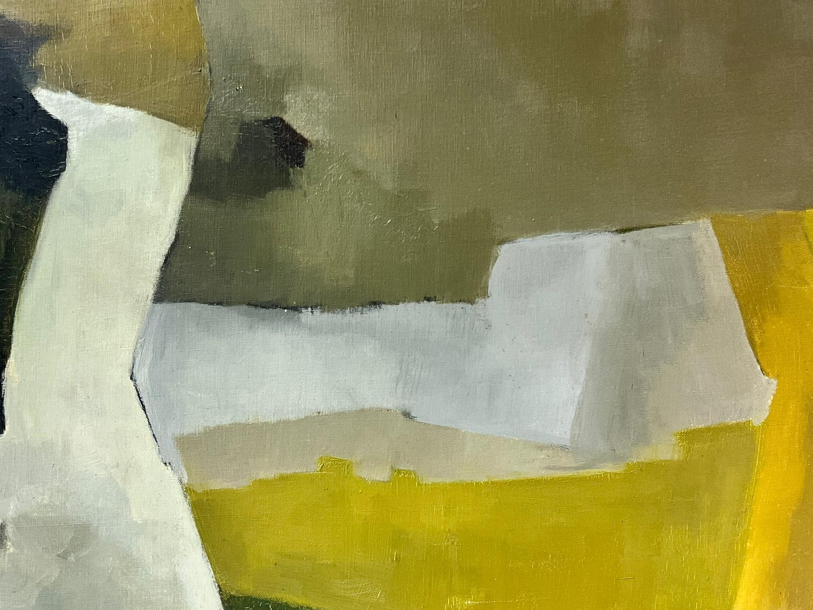 Pittura ad olio astratta francese del 1960, di grandi dimensioni, con toni ocra smorzati e oro giallo 1