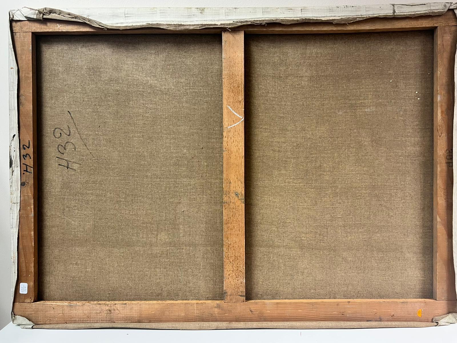 Pittura ad olio astratta francese del 1960, di grandi dimensioni, con toni ocra smorzati e oro giallo 2