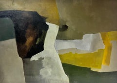 Pittura ad olio astratta francese del 1960, di grandi dimensioni, con toni ocra smorzati e oro giallo
