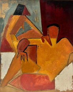 1960's French Cubist Oil Painting Portrait Two Figures Orange Ochre Colors