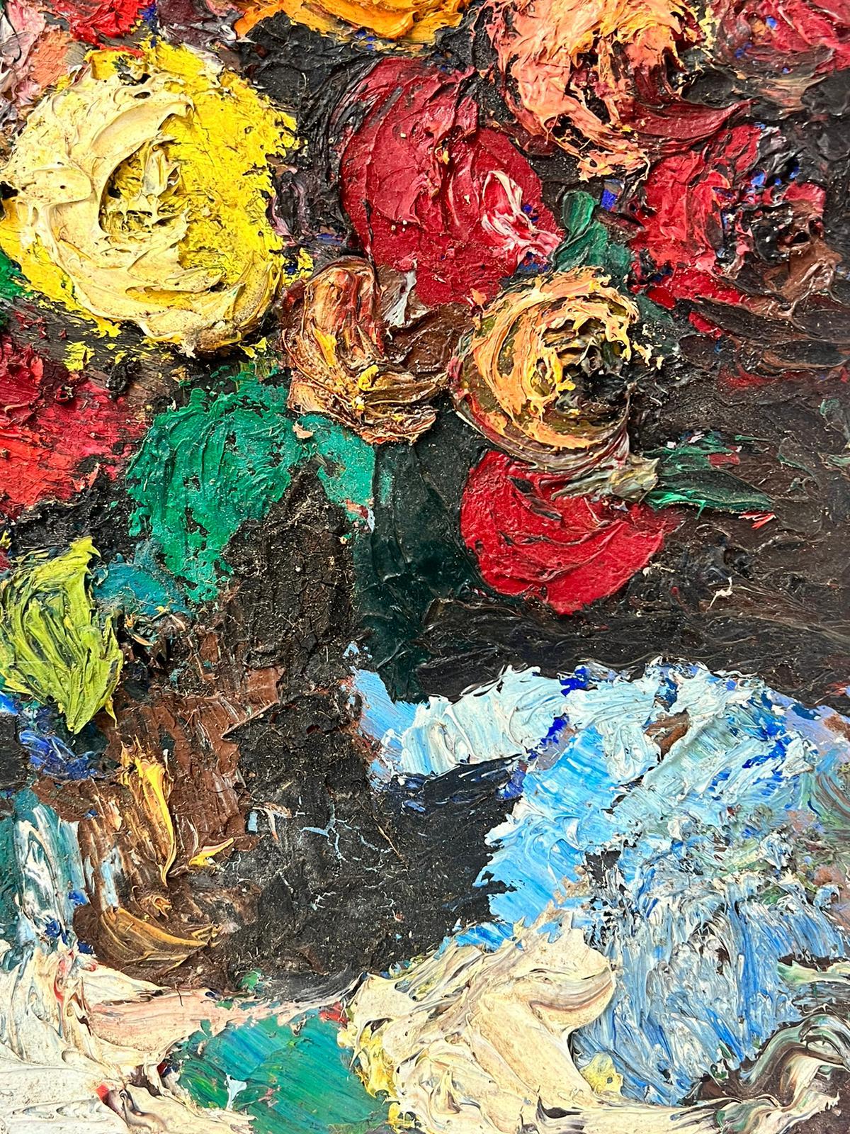 1960's French Expressionist Oil Painting Flowers in Vase Very Thick Impasto Oil  For Sale 1