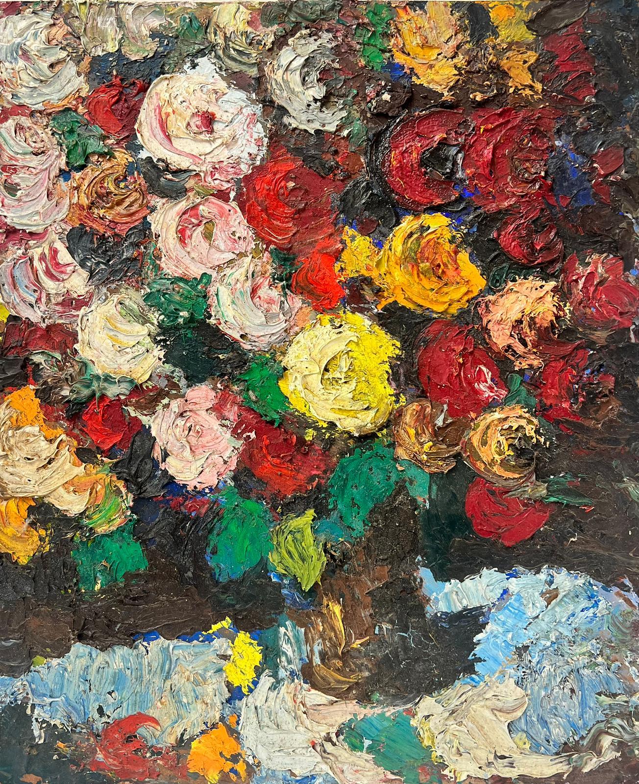 French School Abstract Painting - 1960's French Expressionist Oil Painting Flowers in Vase Very Thick Impasto Oil 